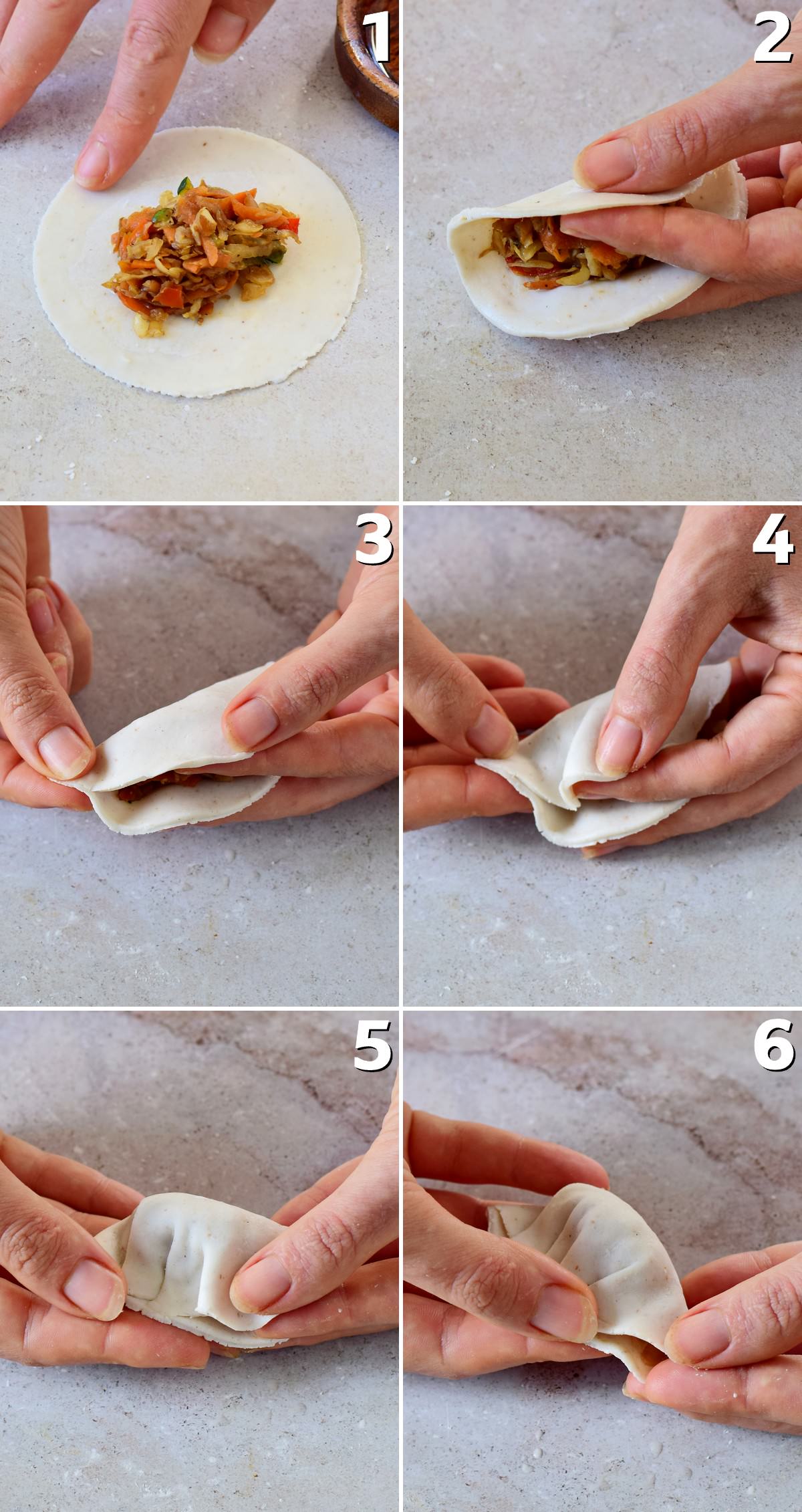 6 Schritt-für-Schritt-Fotos, wie man Dumplings faltet