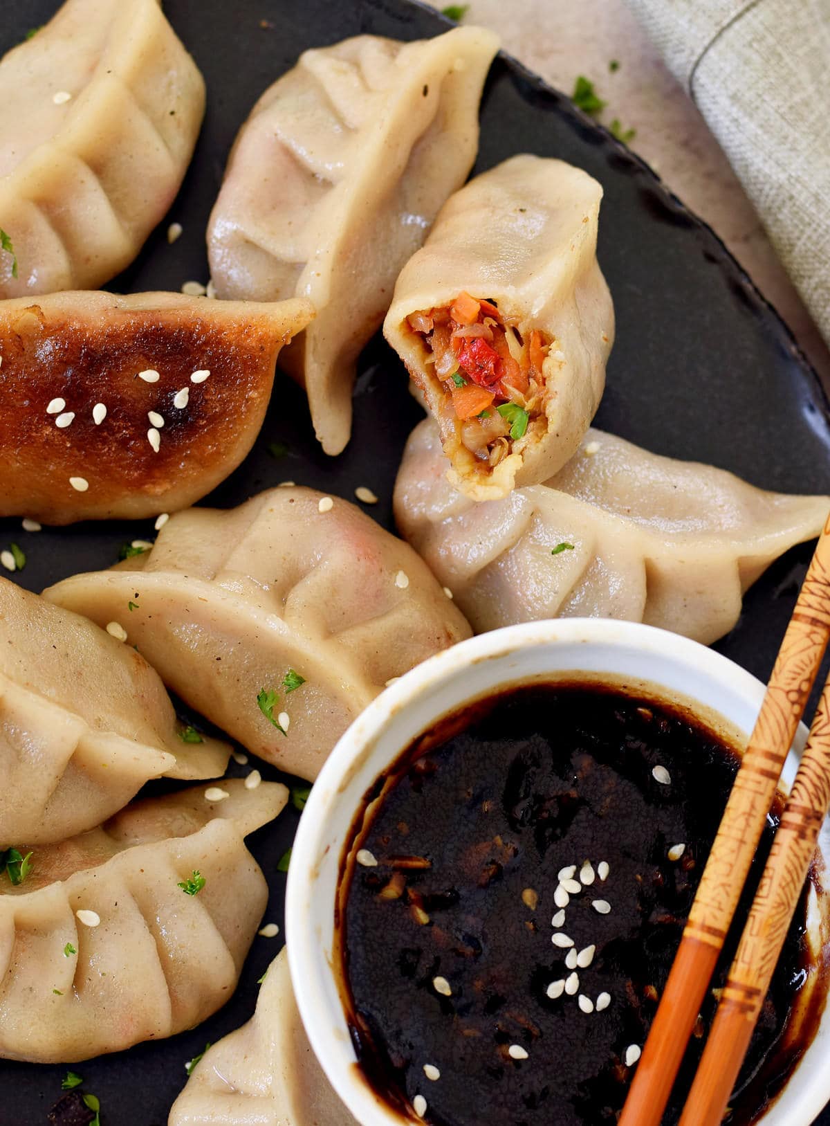 Close-up of gluten-free dumplings with Chinese garlic sauce