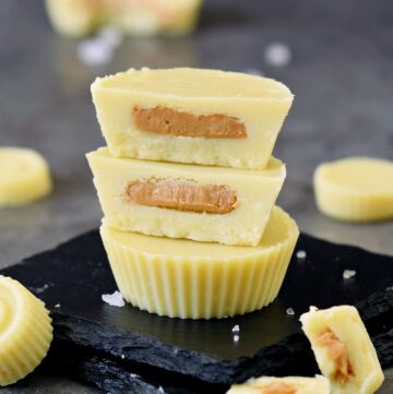 stack of homemade white chocolate peanut butter cups