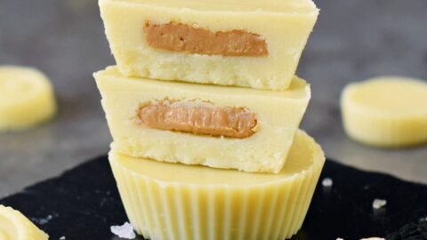 stack of homemade white chocolate peanut butter cups
