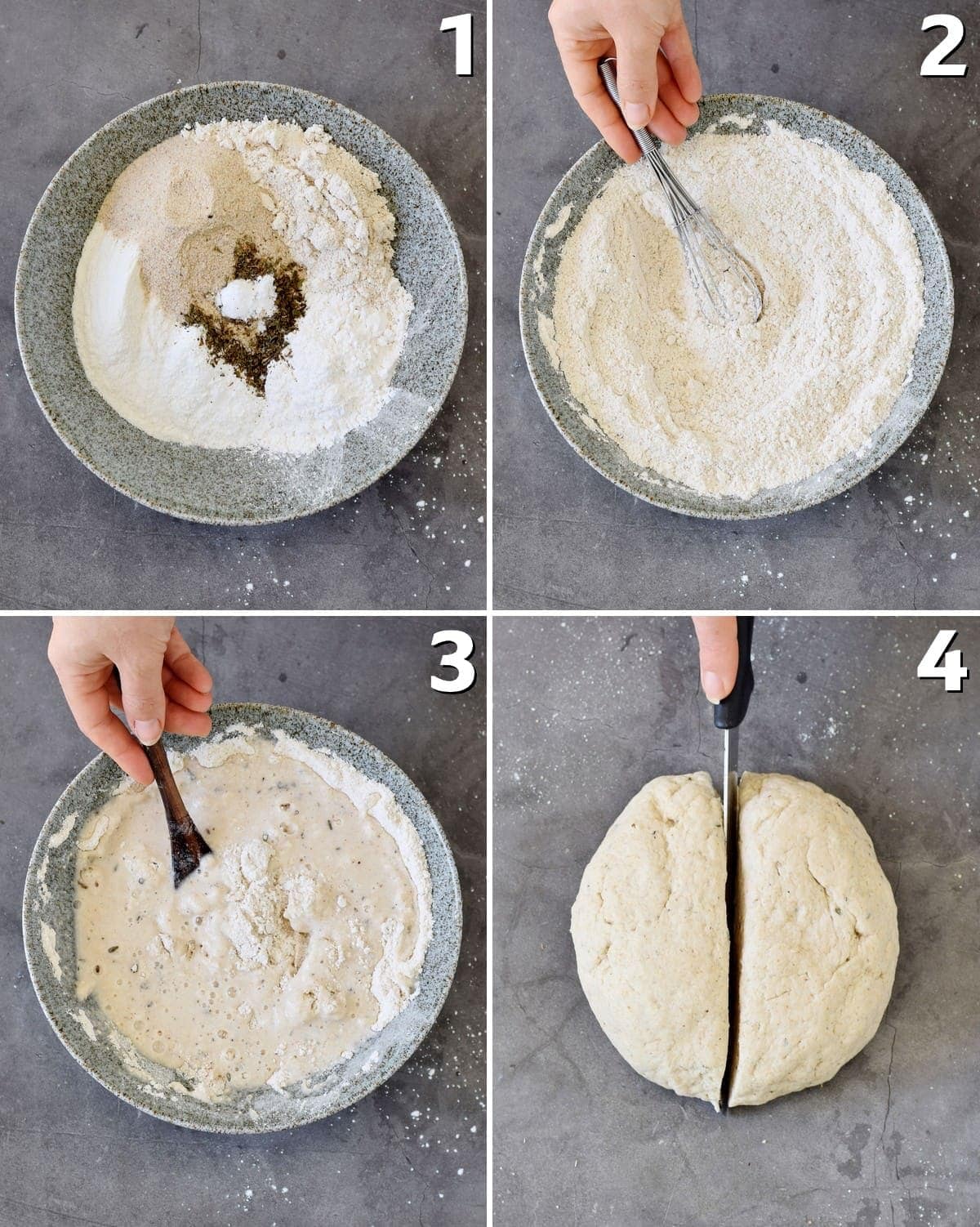 4 Schritt-für-Schritt-Fotos, wie man glutenfreien Teig für Baguette macht