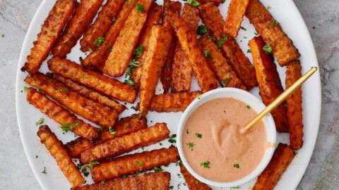 Carrot fries with pin dip on white plate