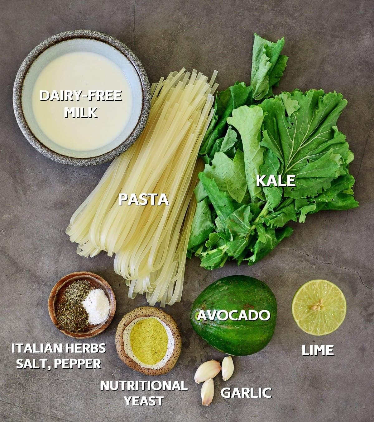Ingredients for green kale avocado pasta