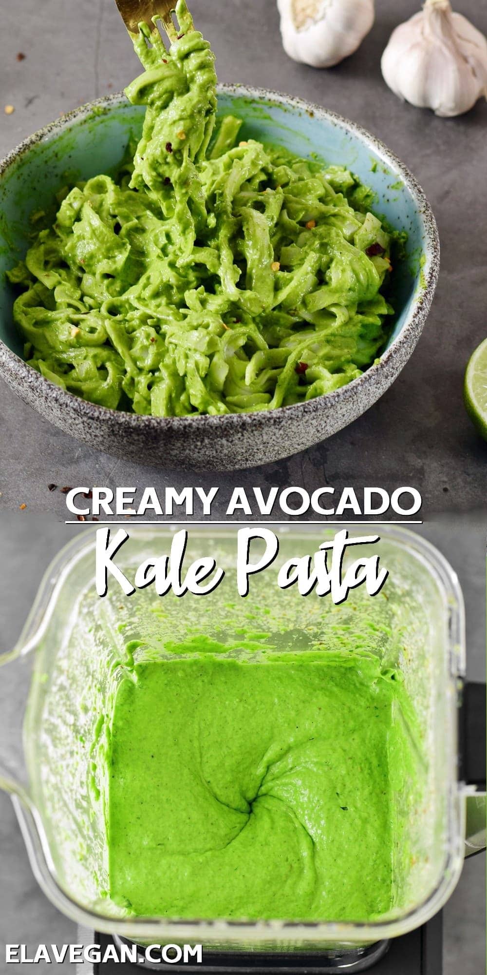 collage creamy avocado kale pasta