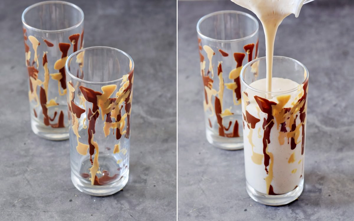 pouring vegan milkshake in glasses drizzled with peanut butter and chocolate