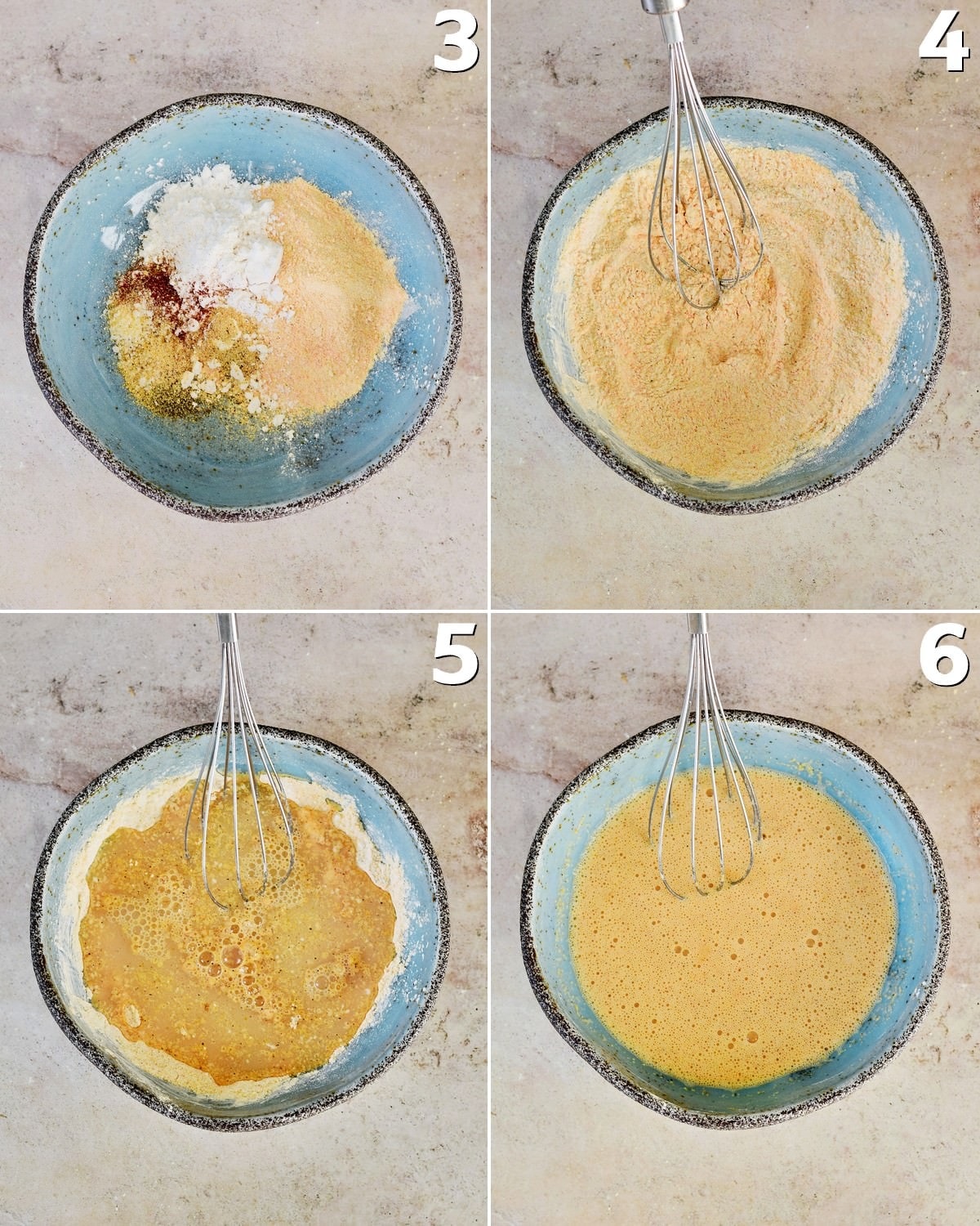 4 step-by-step photos how to mix batter for omelet