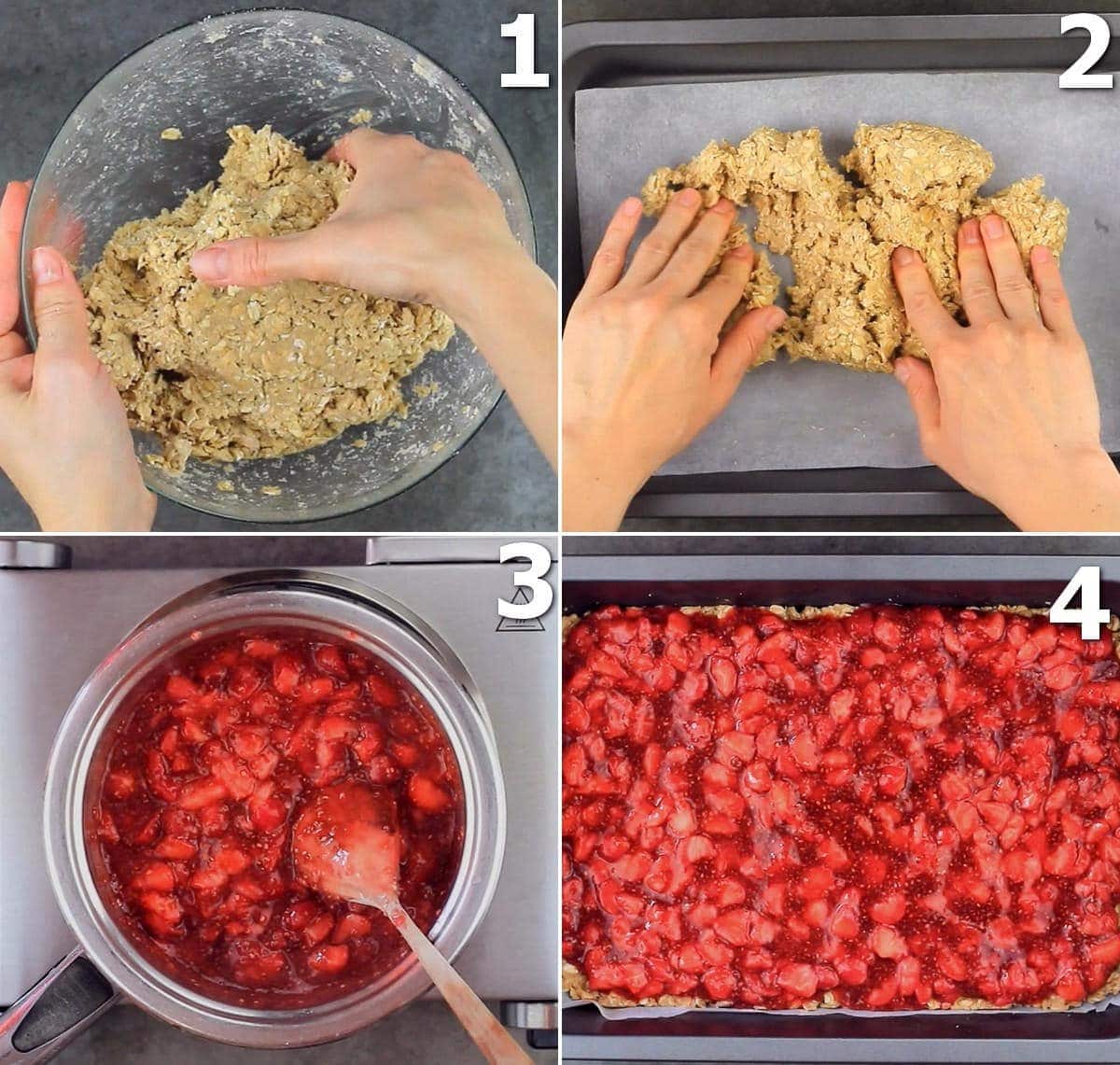 4 step-by-step photos of how to make strawberry oatmeal cake