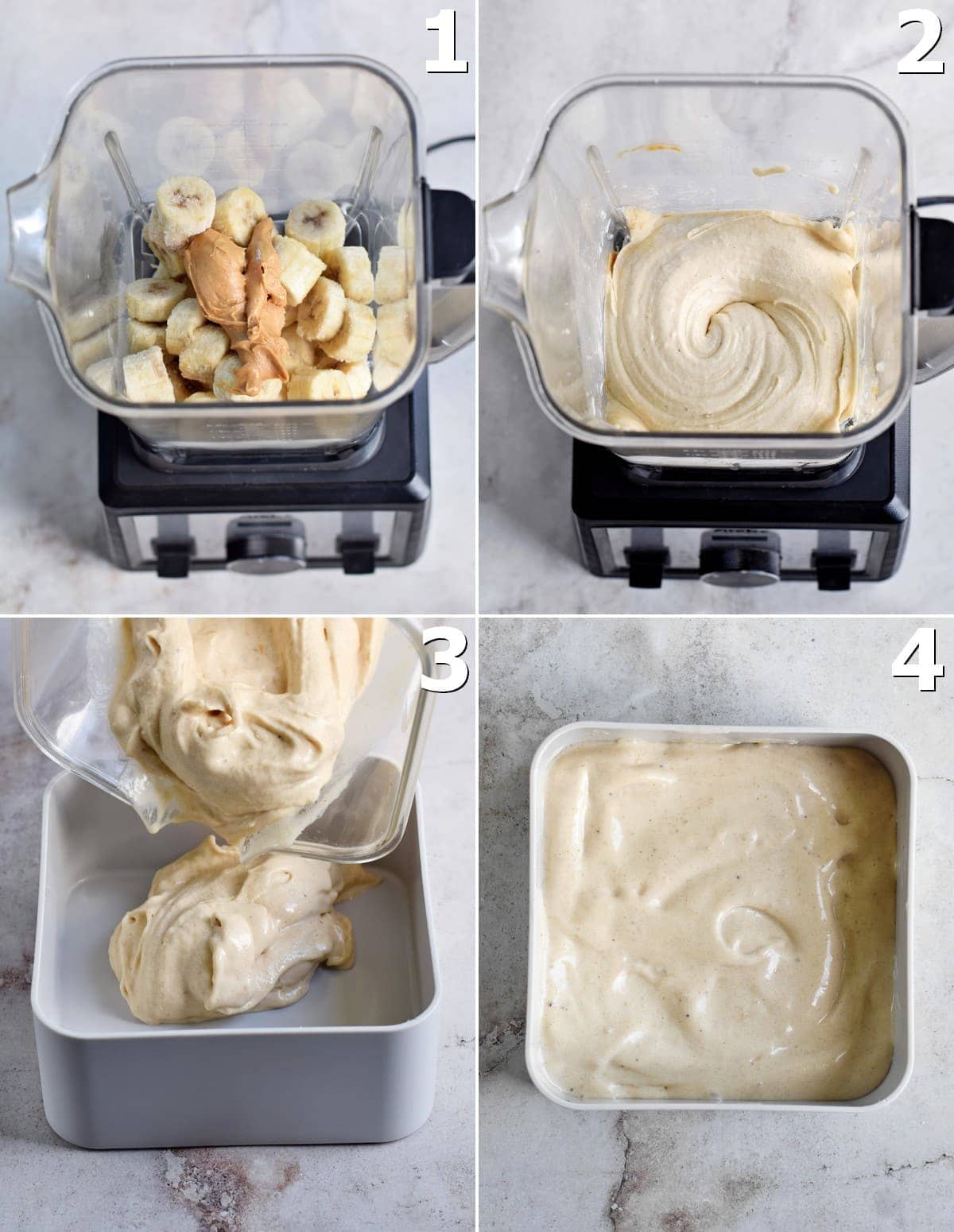 4 Schritt-Für-Schritt-Fotos von der Herstellung von Bananeneis mit Peanut Butter