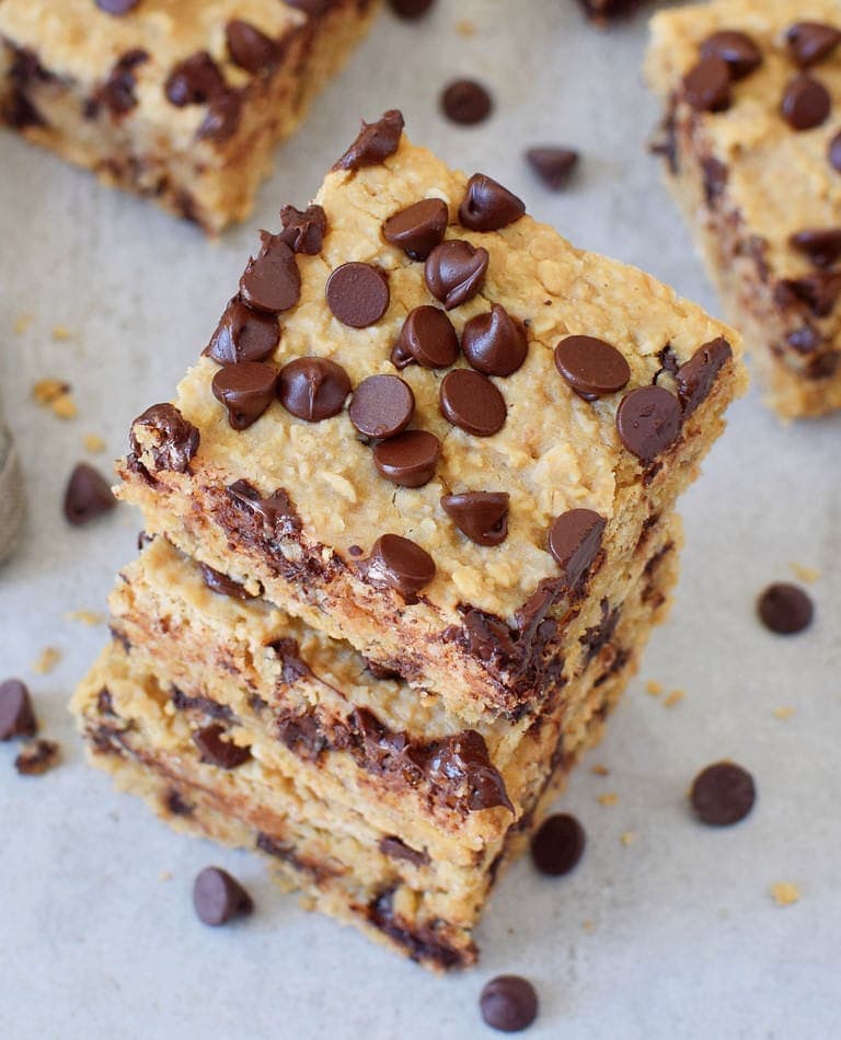 stack of healthy oat bars with vegan chocolate chips