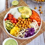 vegan buddha bowl with chickpeas avocado colorful veggies and green dressing on the side