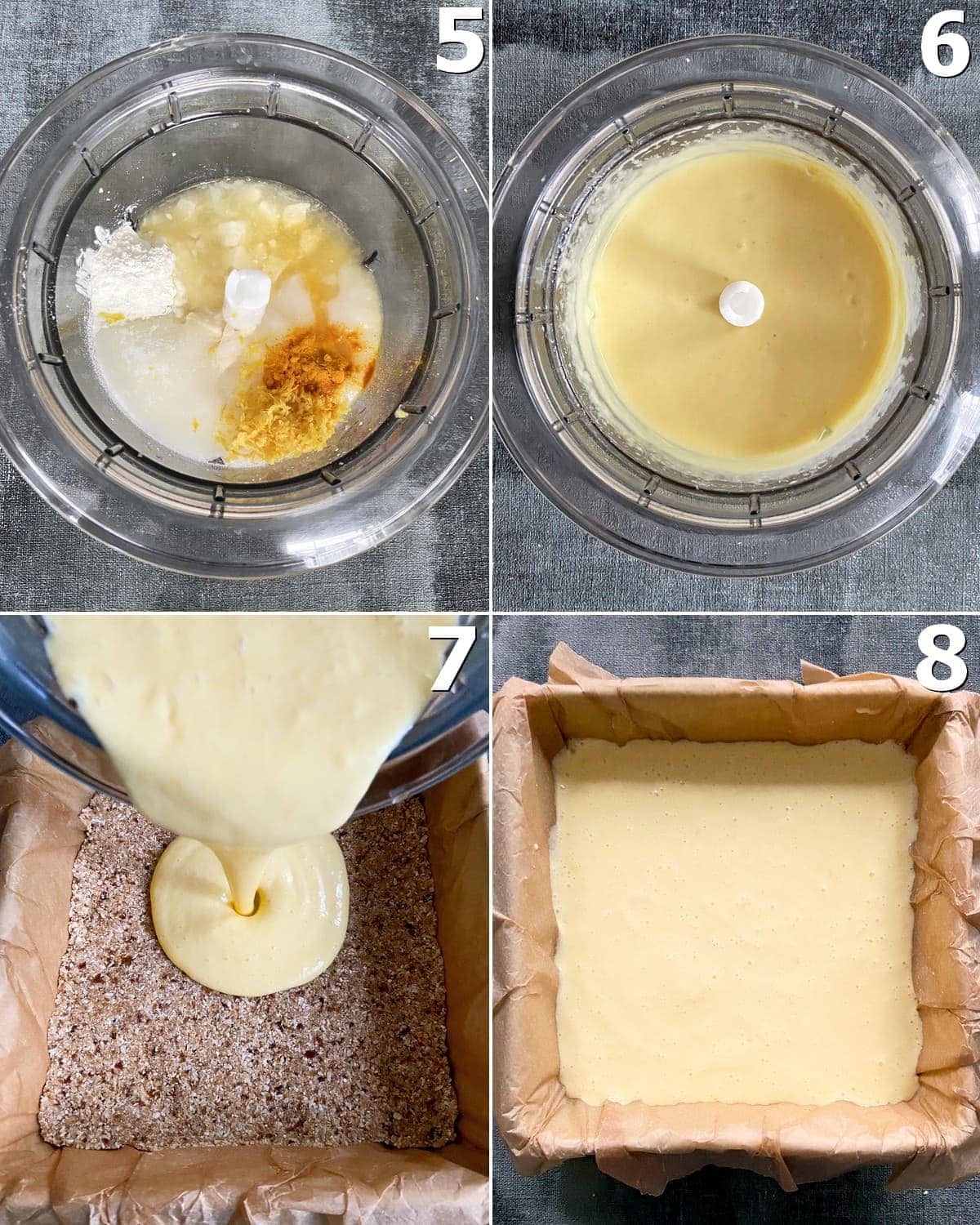 4 Schritt-für-Schritt-Fotos von der Herstellung einer veganen Käsekuchen-Creme