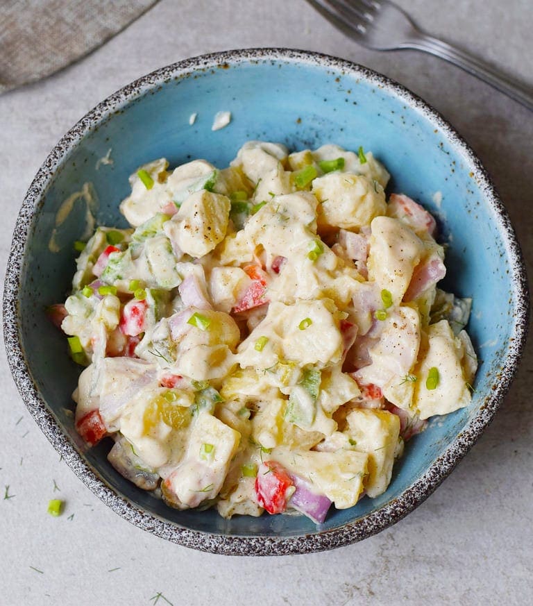 simple vegan potato salad in blue bowl