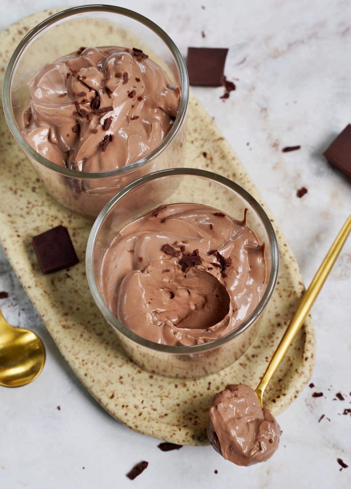 vegan chocolate mousse with spoon from above