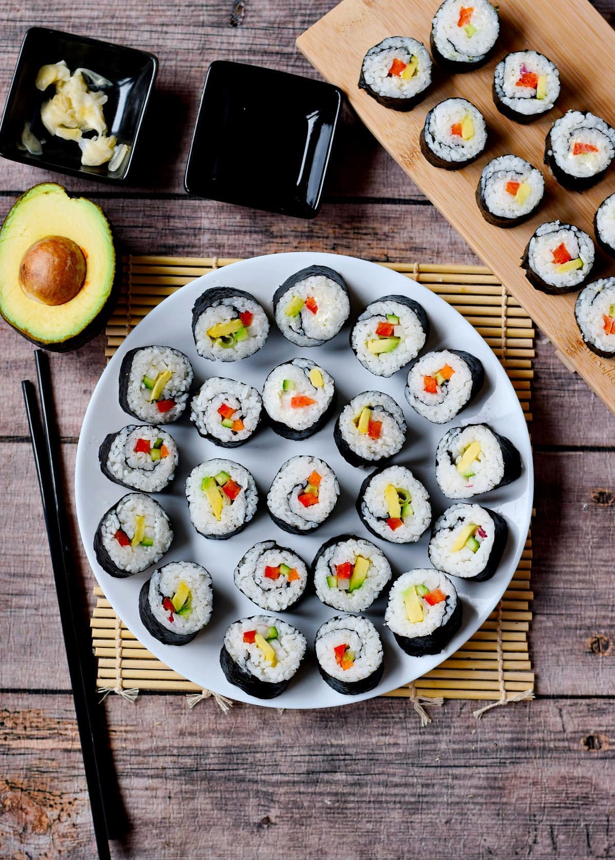 vegan sushi on a white plate from above