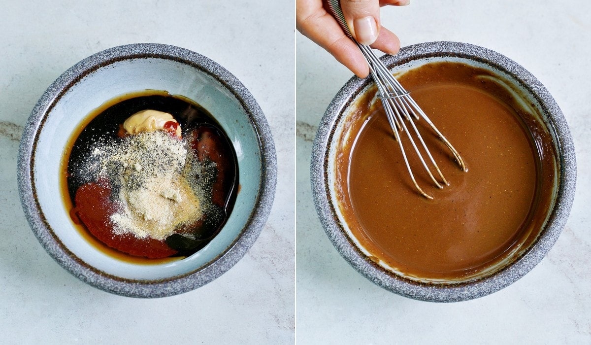 2 step-by-step photos how to mix a marinade in a bowl