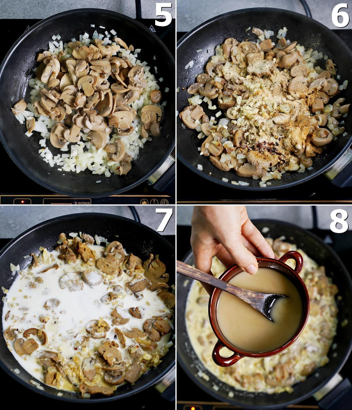 4 Schritt-für-Schritt-Fotos, wie man Champignons in der Pfanne zubereitet