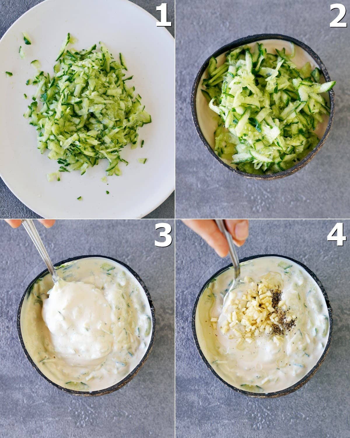4 Schritt-für-Schritt-Fotos für die Zubereitung einer Joghurt-Gurken-Sauce