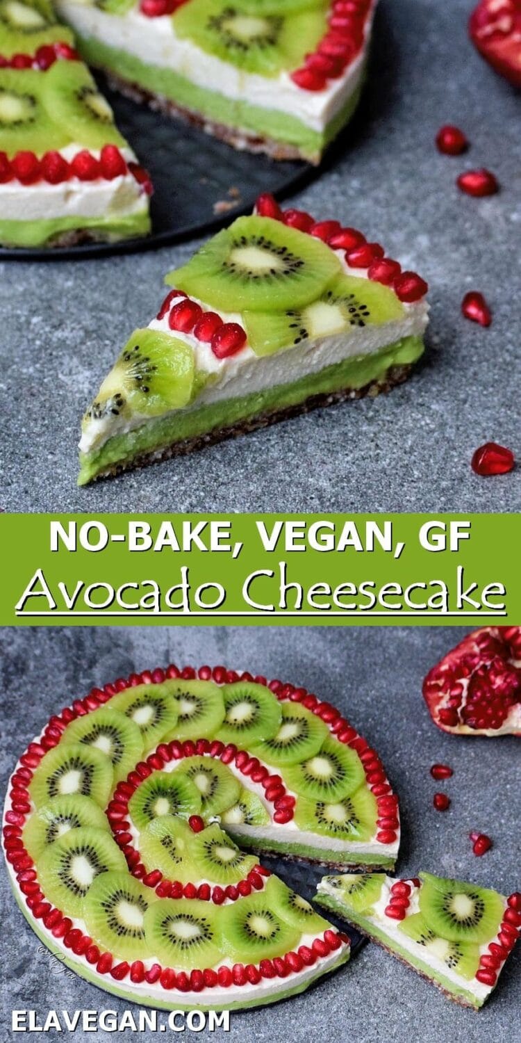 Collage of no-bake vegan avo cheese cake