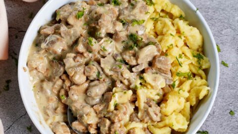 Mushroom cream sauce with spaetzle in bowl