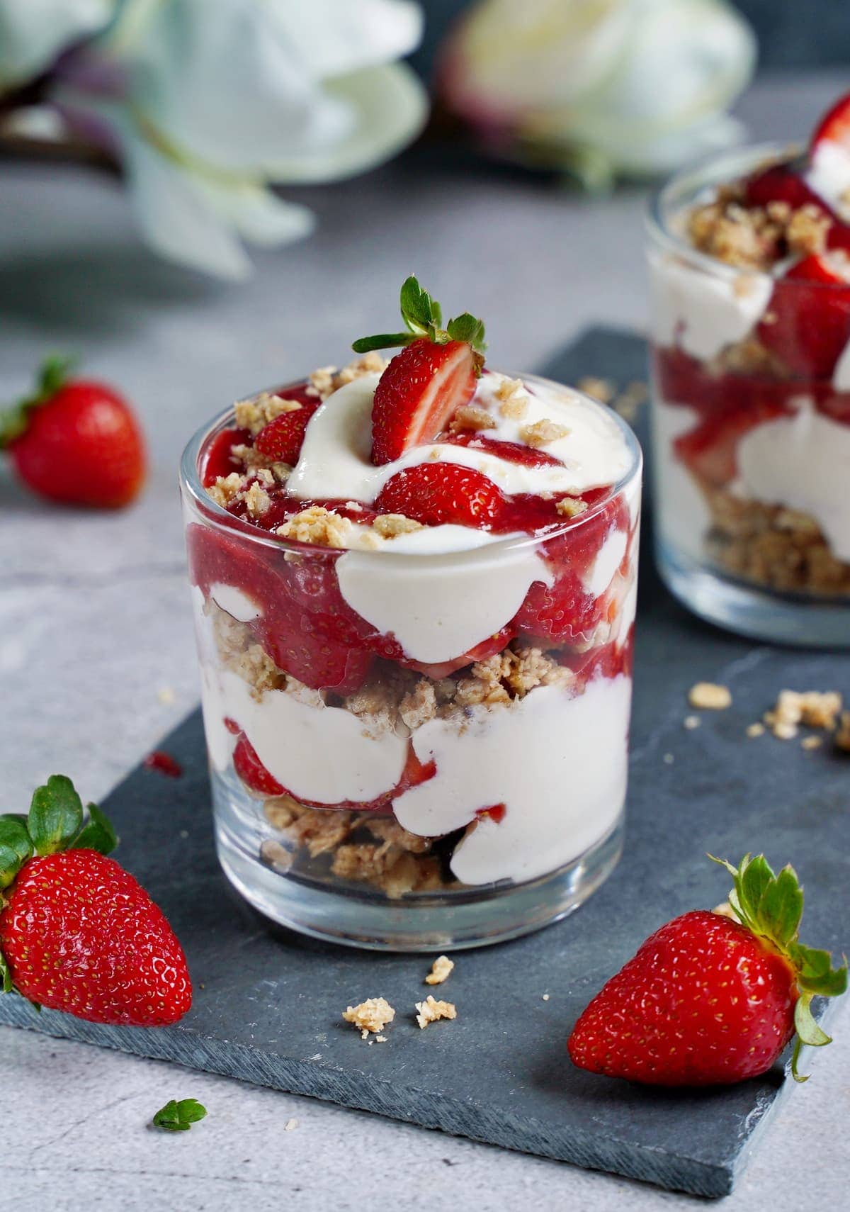 close-up of strawberry parfait with yogurt