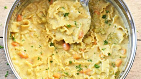 healthy vegan creamy pasta soup with ladle in large pot