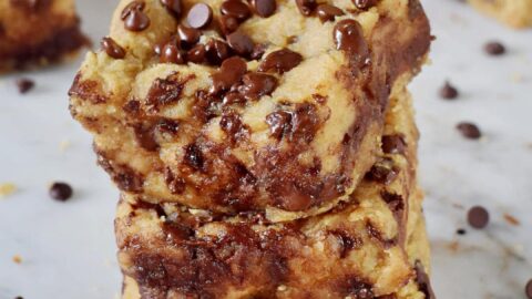 tower of 3 vegan blondies with chocolate chips
