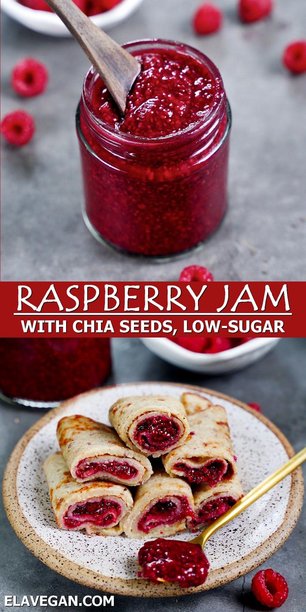 Pinterest Collage Raspberry Jam with chia seeds, low-sugar