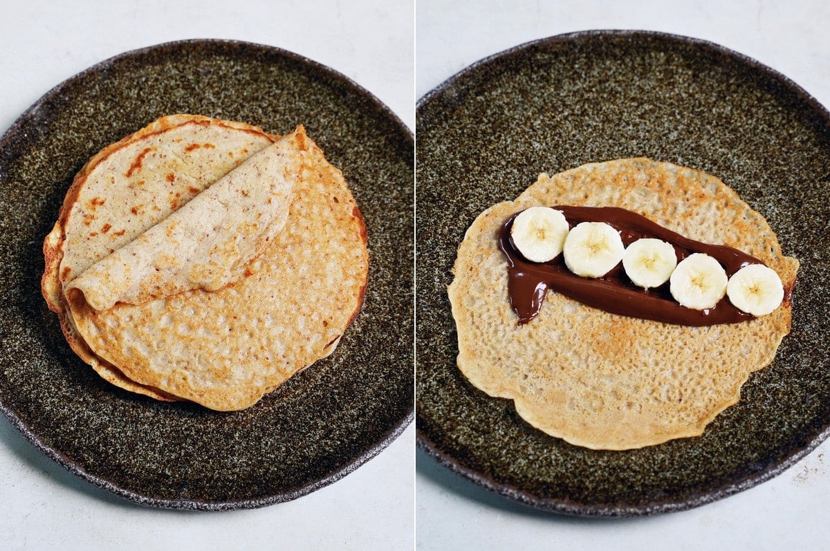 crepe filled with chocolate spread and banana slices