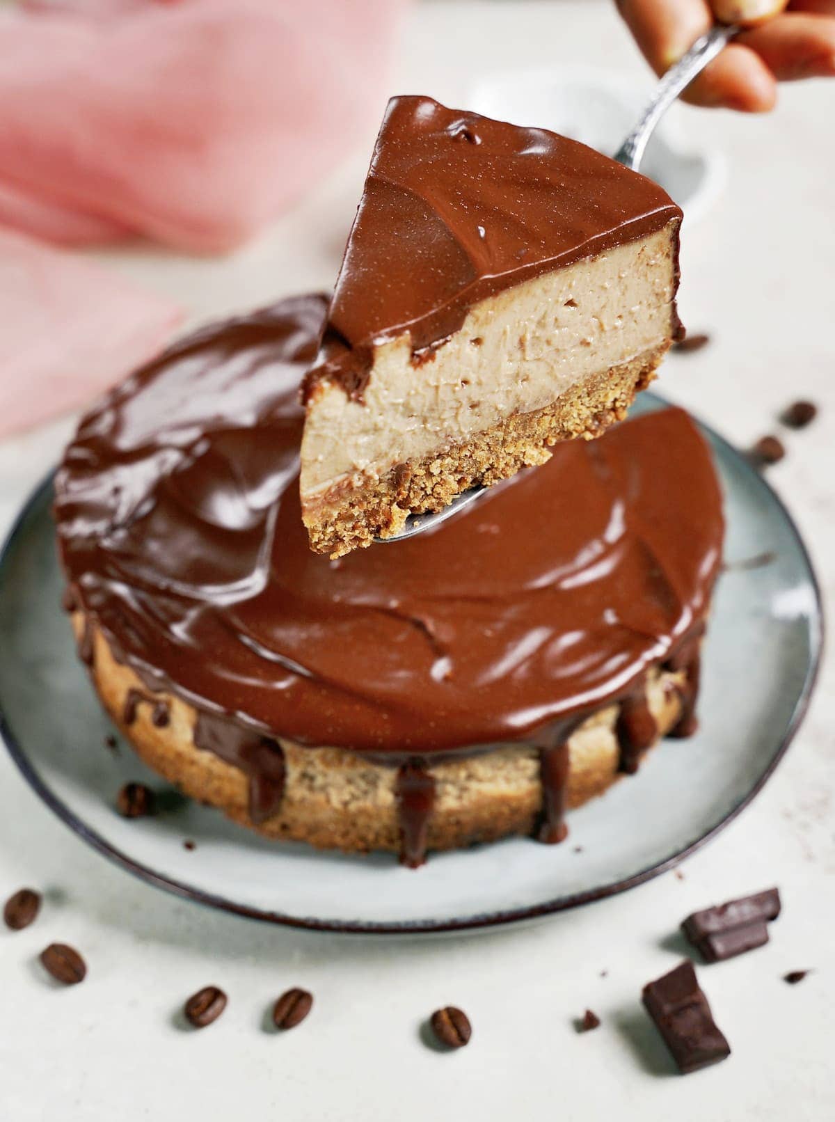 piece of mocha cheese cake on cake lifter