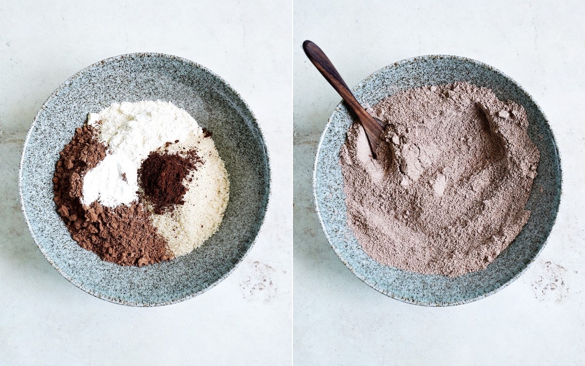 2 step-by-step photos of dry ingredients in bowl before and after mixing