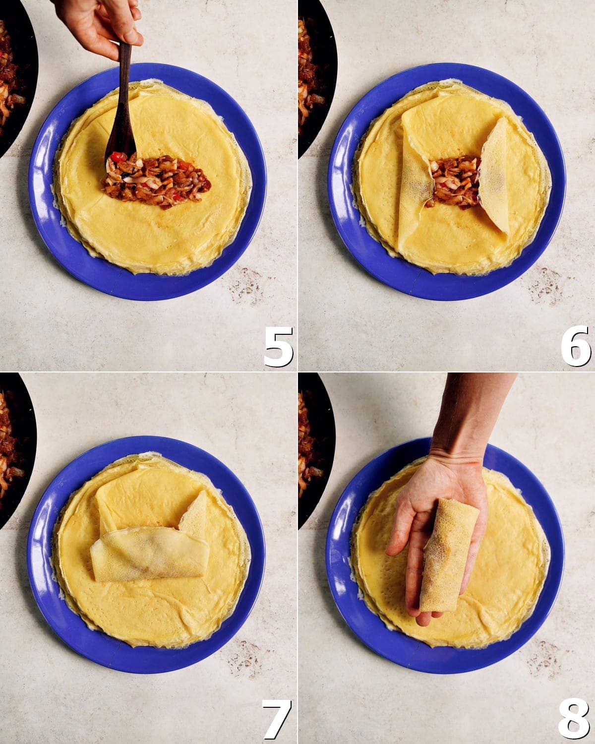 4 Fotos, die Schritt für Schritt zeigen, wie man glutenfreie herzhafte Crêpes füllt