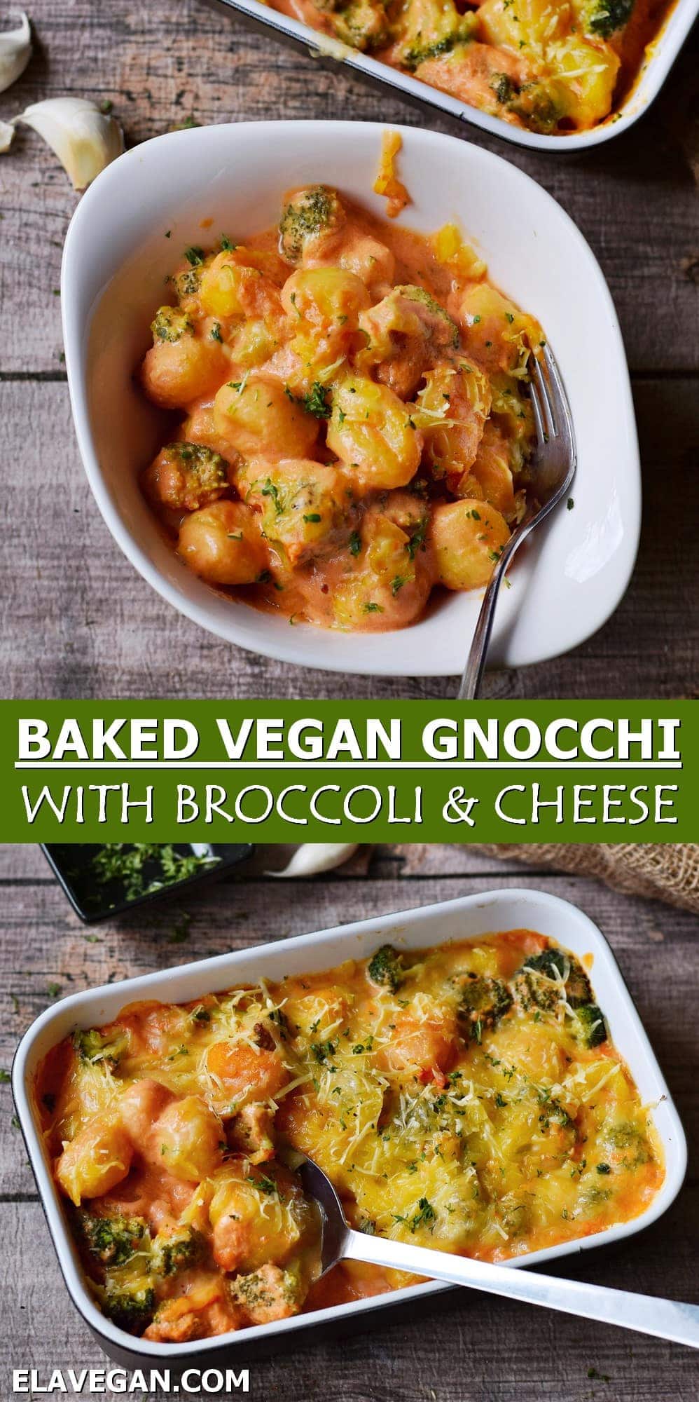 Pinterest collage baked vegan gnocchi with broccoli and cheese