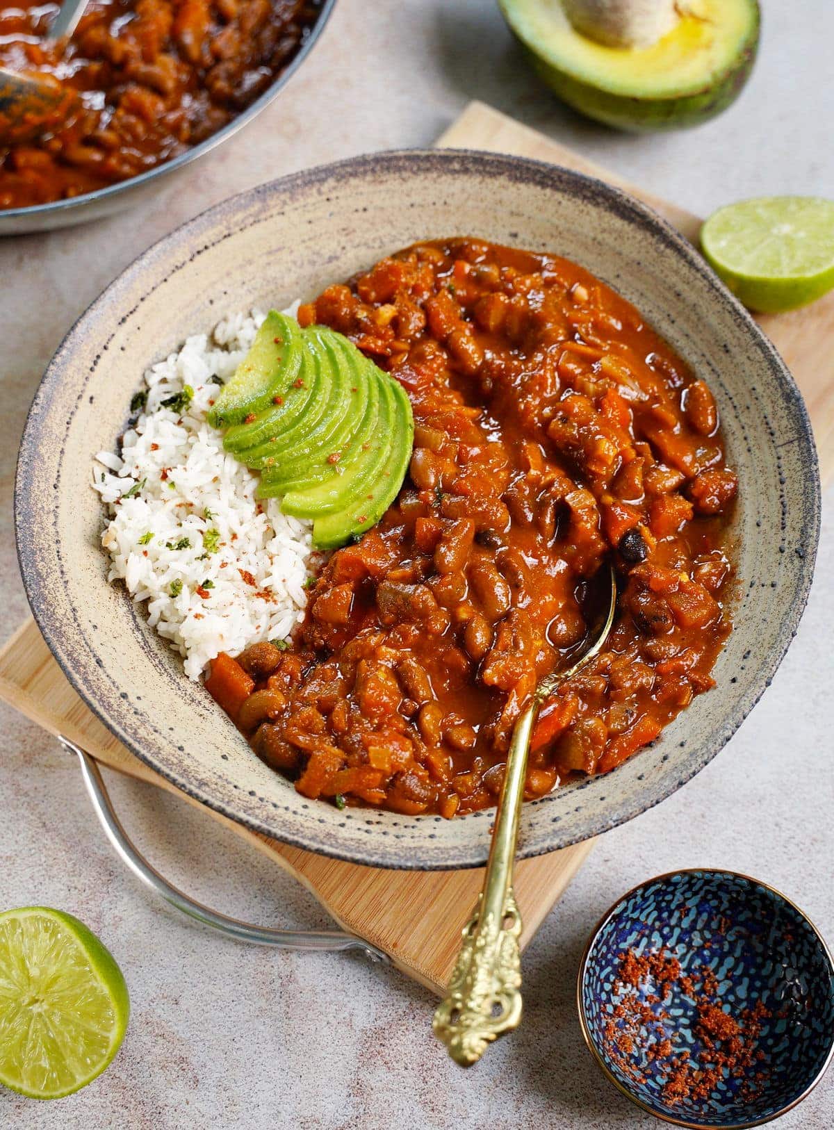 Vegetarian Chili in bowl with avocado and rice