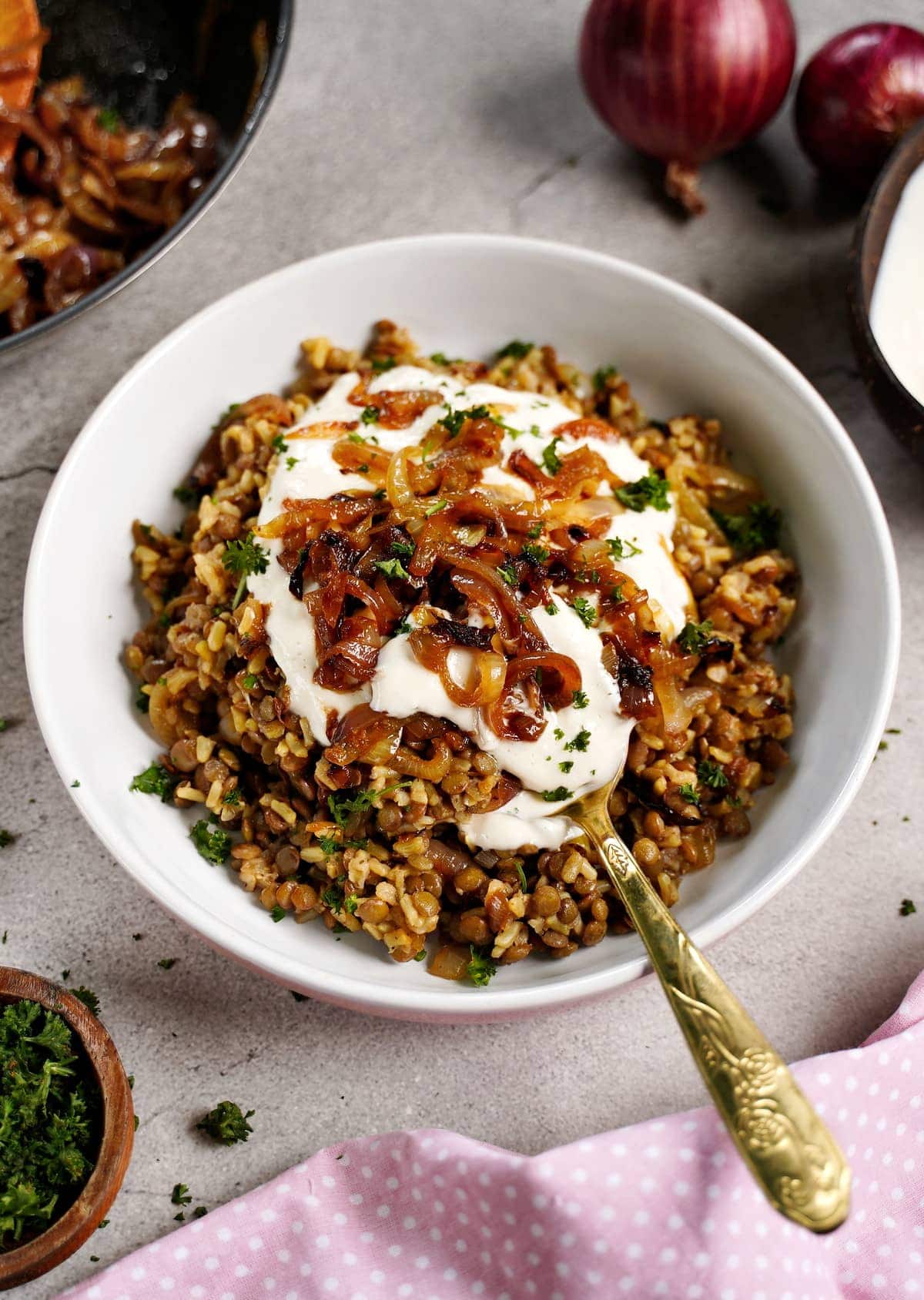 lentil and rice dish in bowl with yogurt and caramelized onions