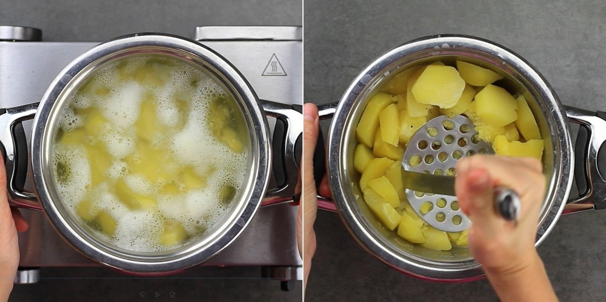 2 Fotos der Zubereitung von Kartoffelbrei in einem Topf