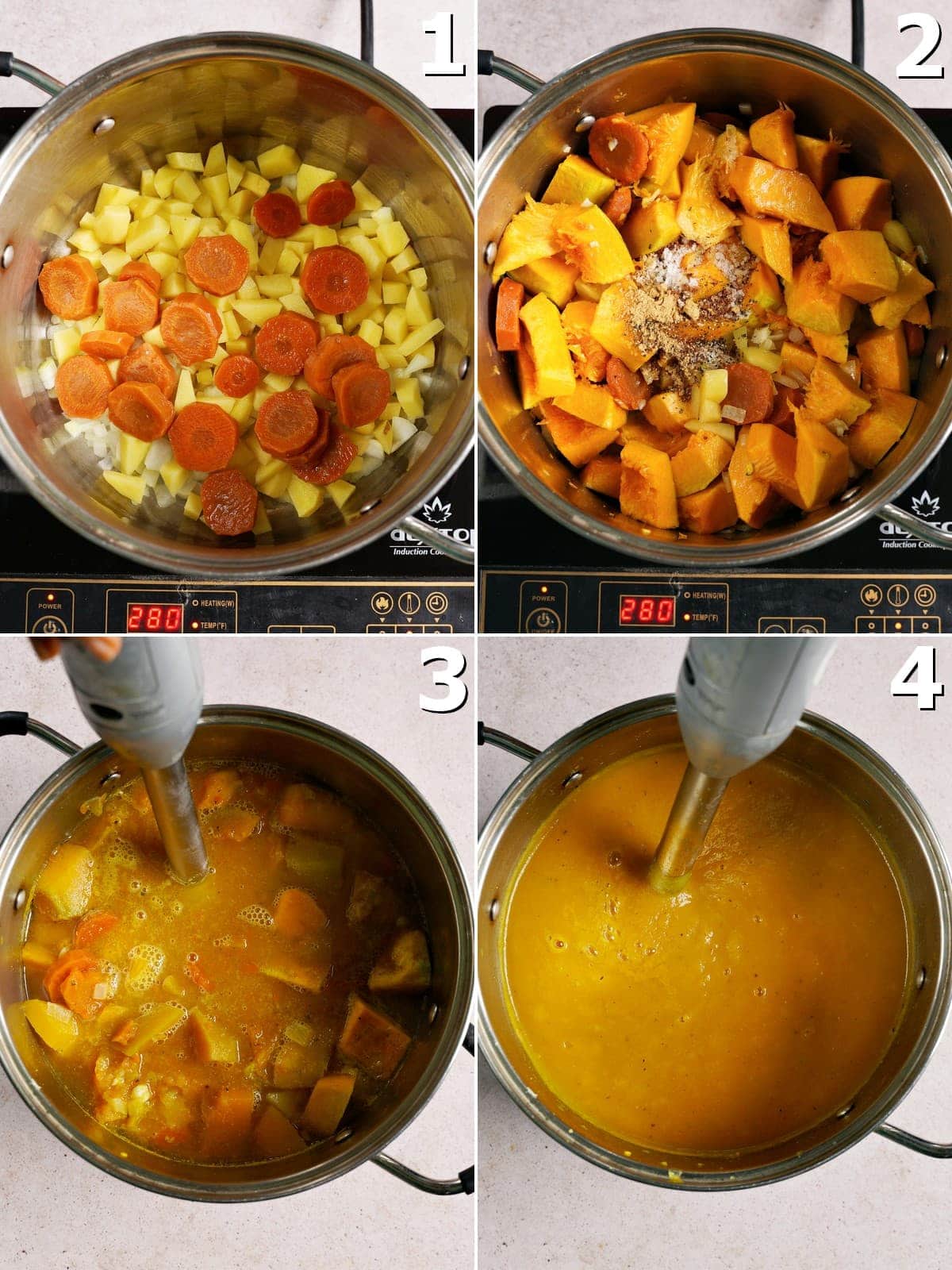 4 Schritt-für-Schritt-Fotos für die Zubereitung einer cremigen Gemüsesuppe