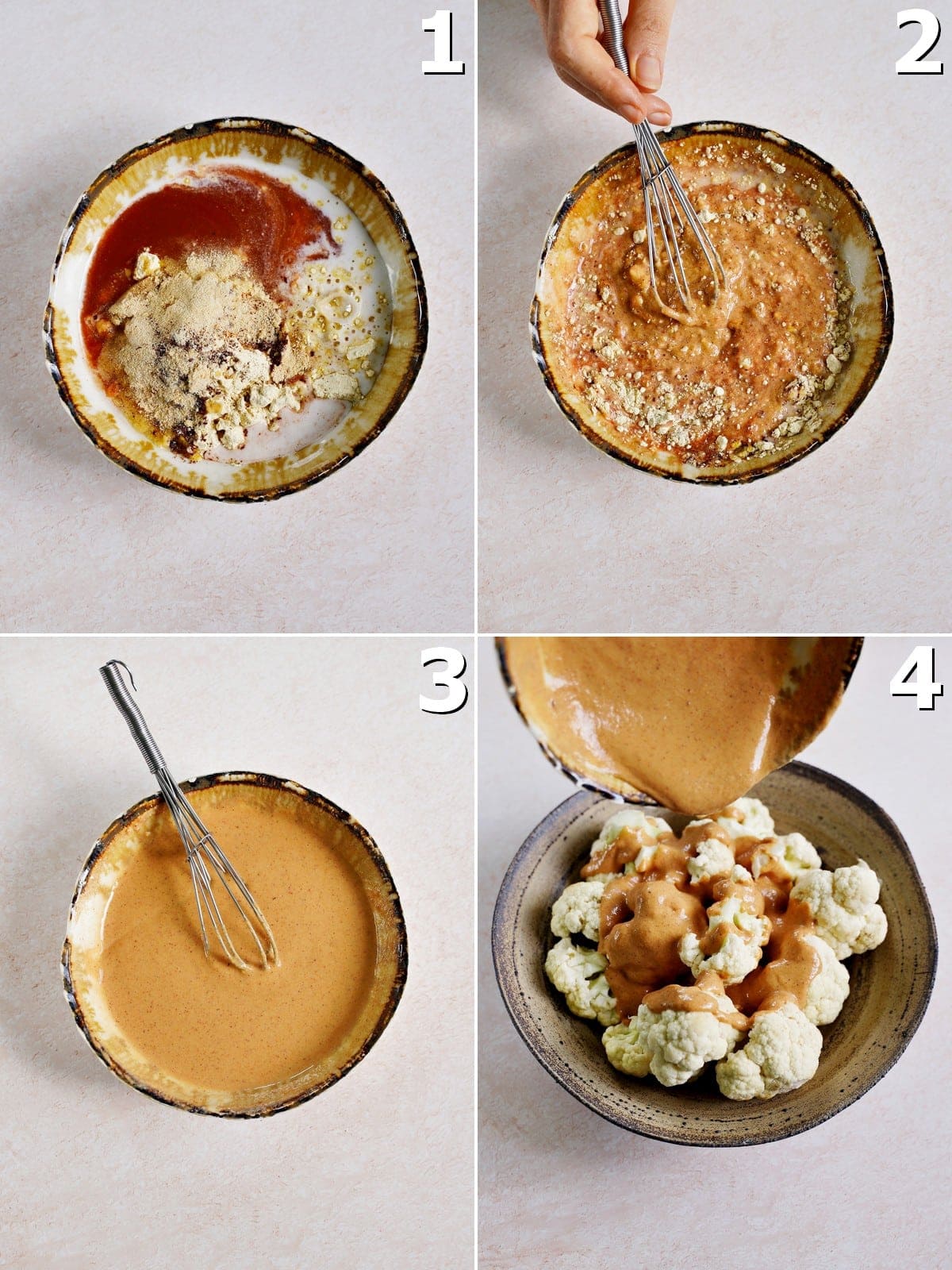 4 step-by-step photos how to mix a spicy sauce and pour it over cauliflower
