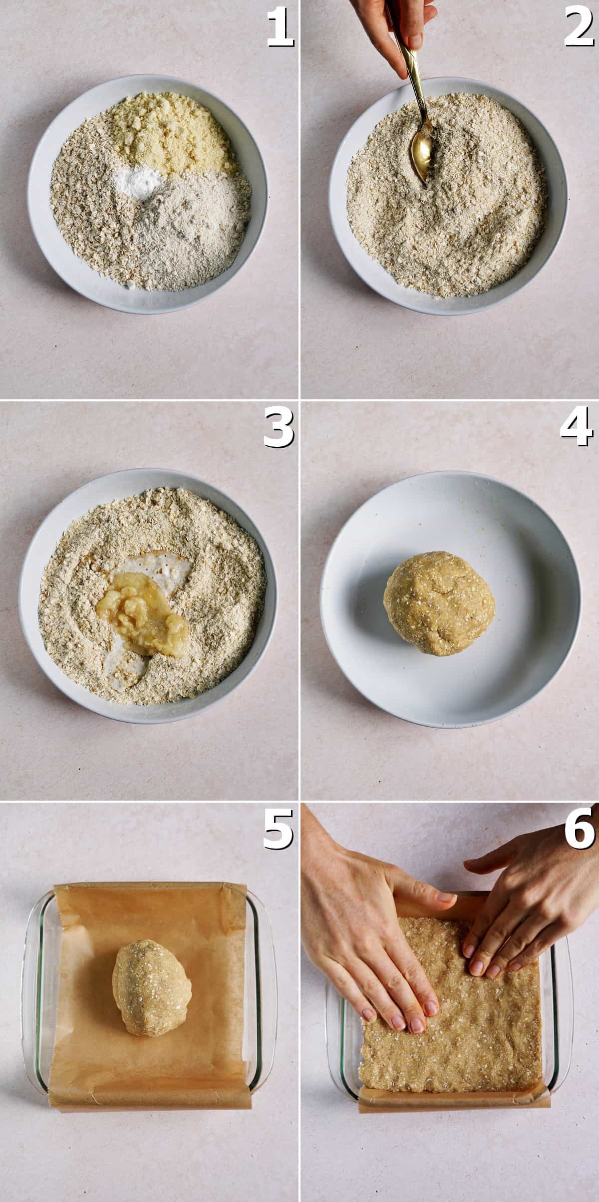 6 Schritt-für-Schritt-Fotos, wie man Hafermehl-Teig von Hand herstellt