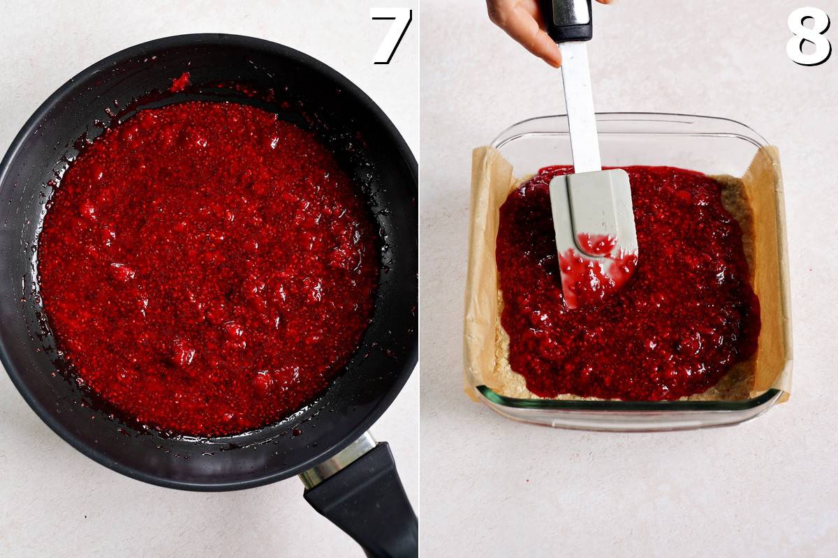 raspberry jam layer in skillet and pan