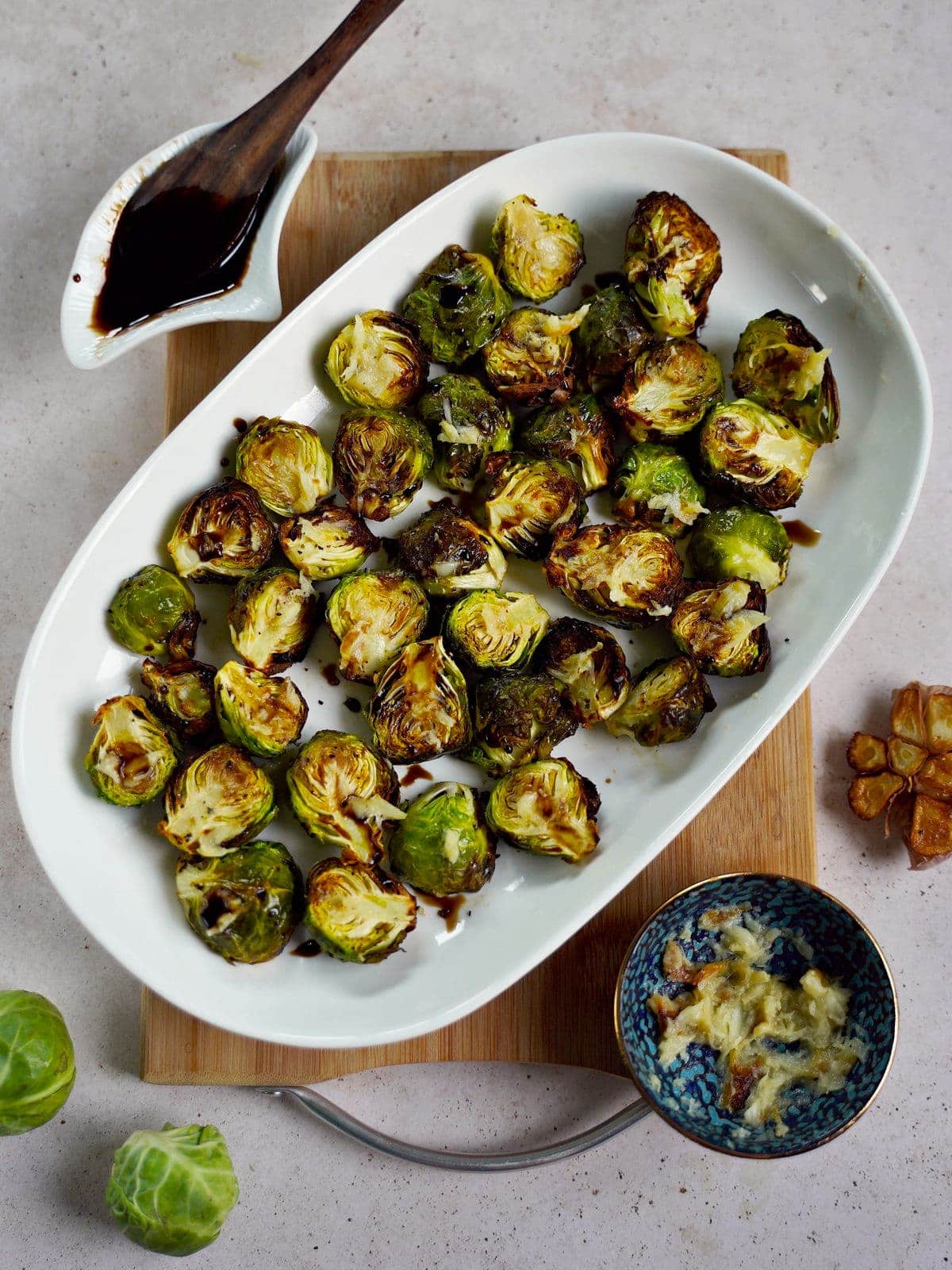 air fryer Brussel sprouts on white plate from above