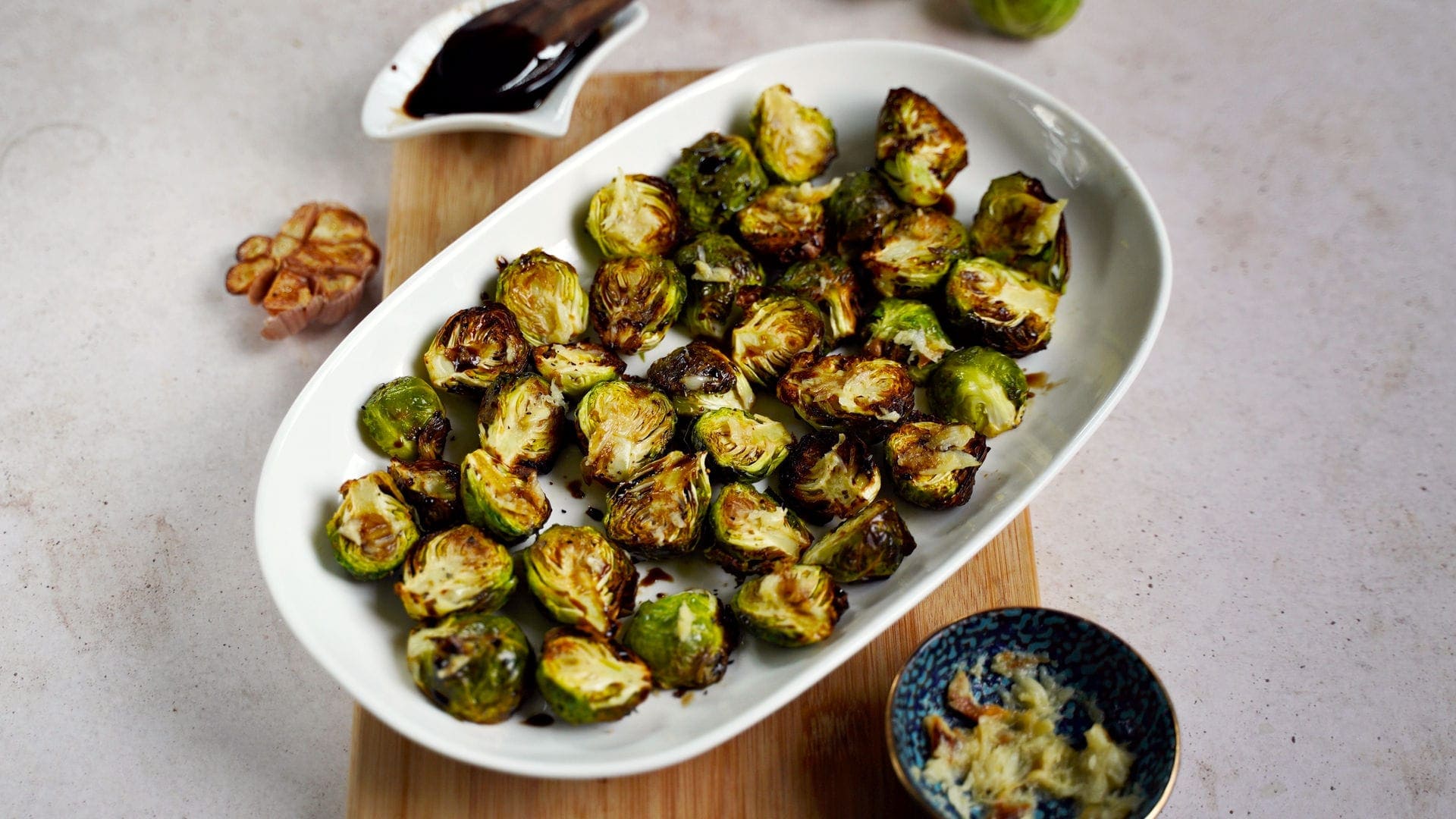 horizontal shot of air fryer Brussels sprouts