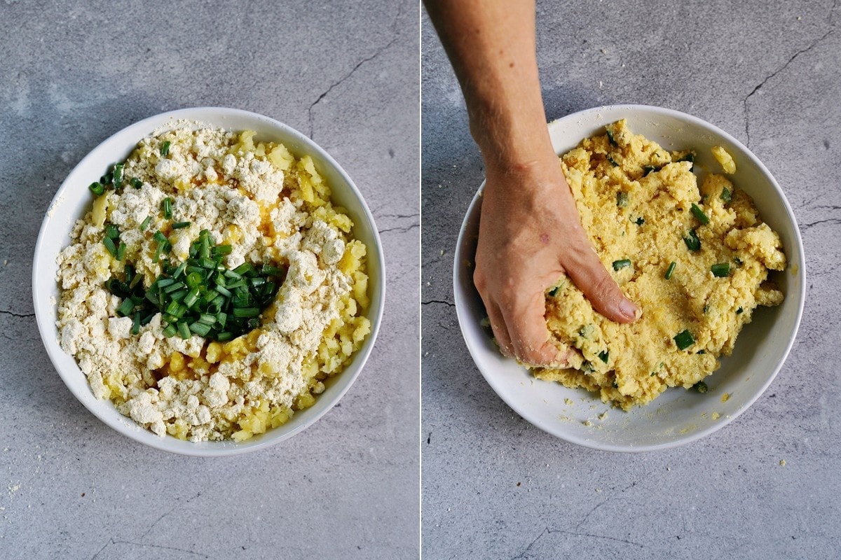 mashed potatoes flour and scallions in bowl before and after kneading