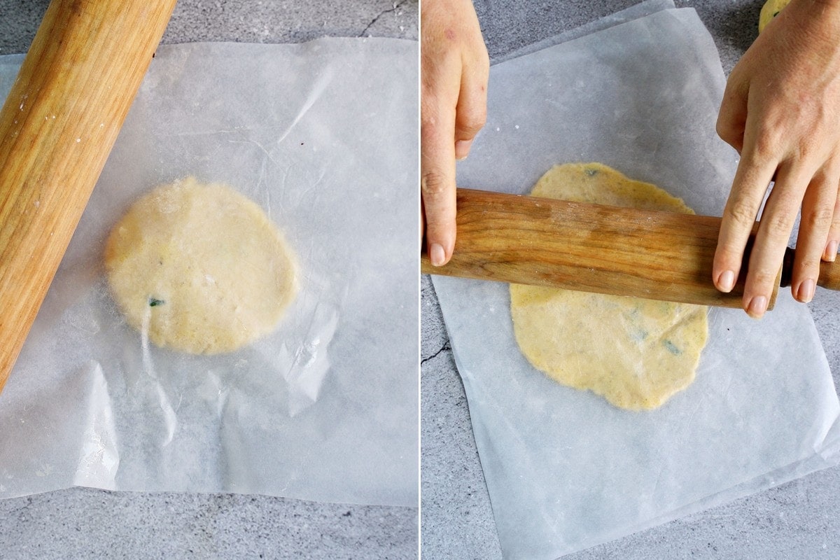rolled out potato dough between wax paper sheets