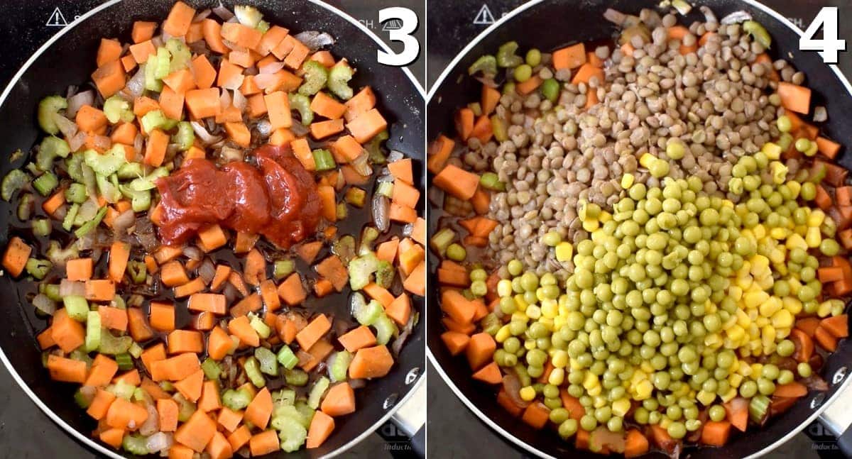 2 pics showing how to cook veggies and lentils in skillet