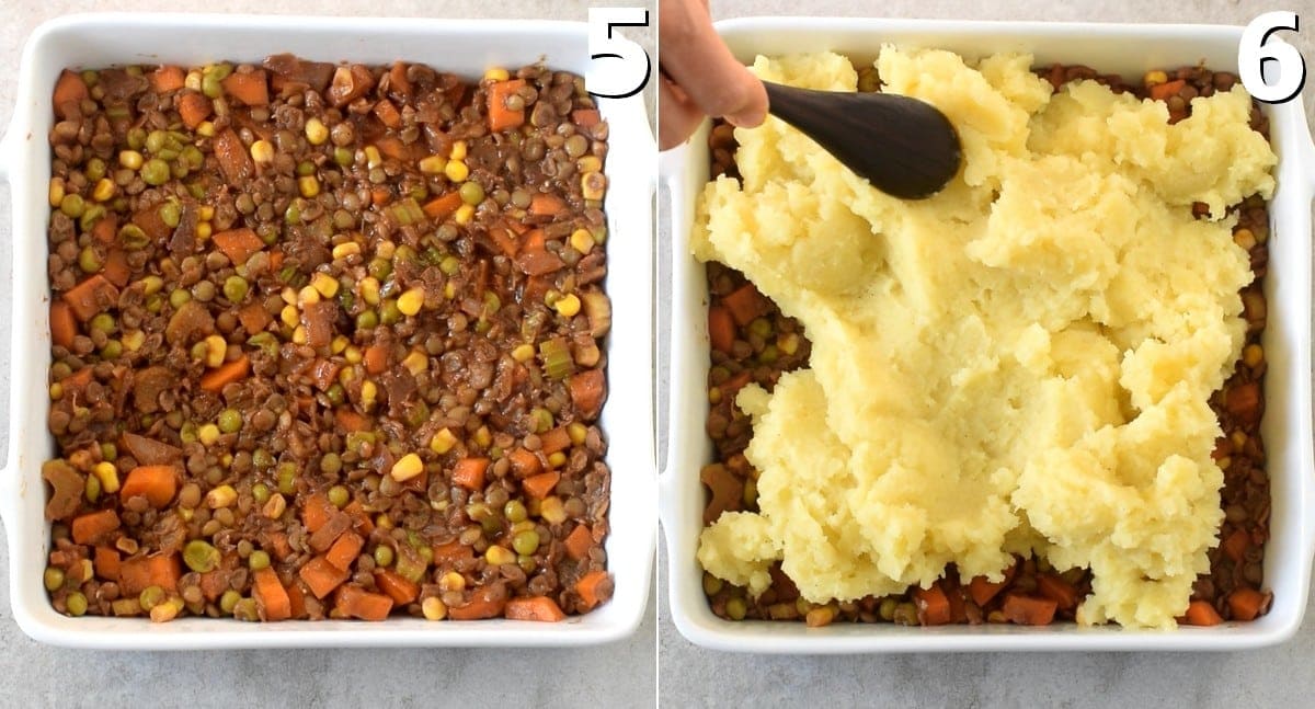 2 pics showing how to layer lentils with mashed potatoes in a white baking dish
