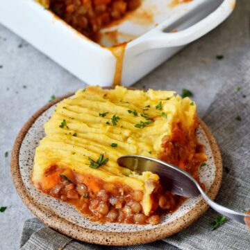 a piece of vegan Shepherds pie on a small plate