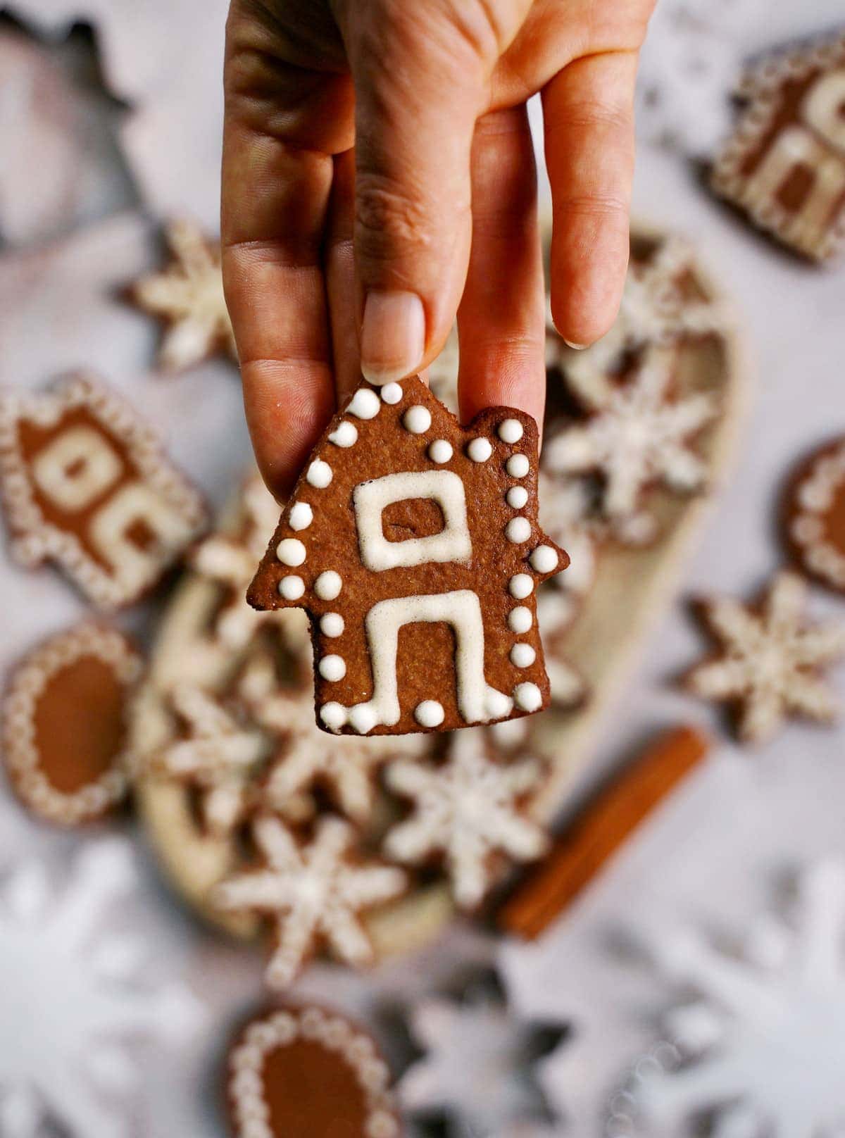 hand holding a gingerbread house