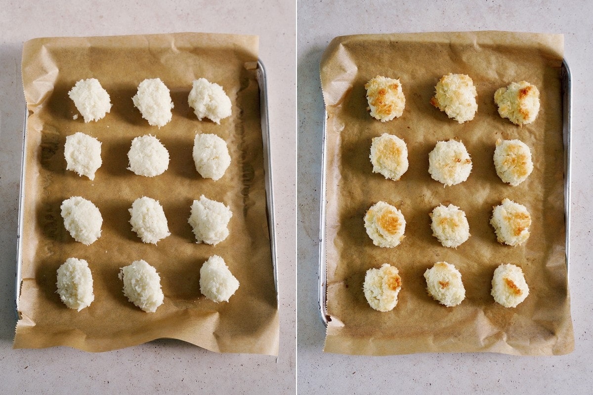 vegan macaroons on baking sheet before and after baking