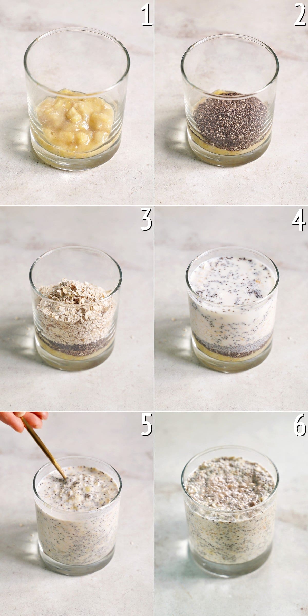 6 step-by-step photos how to make banana chia oats in a jar