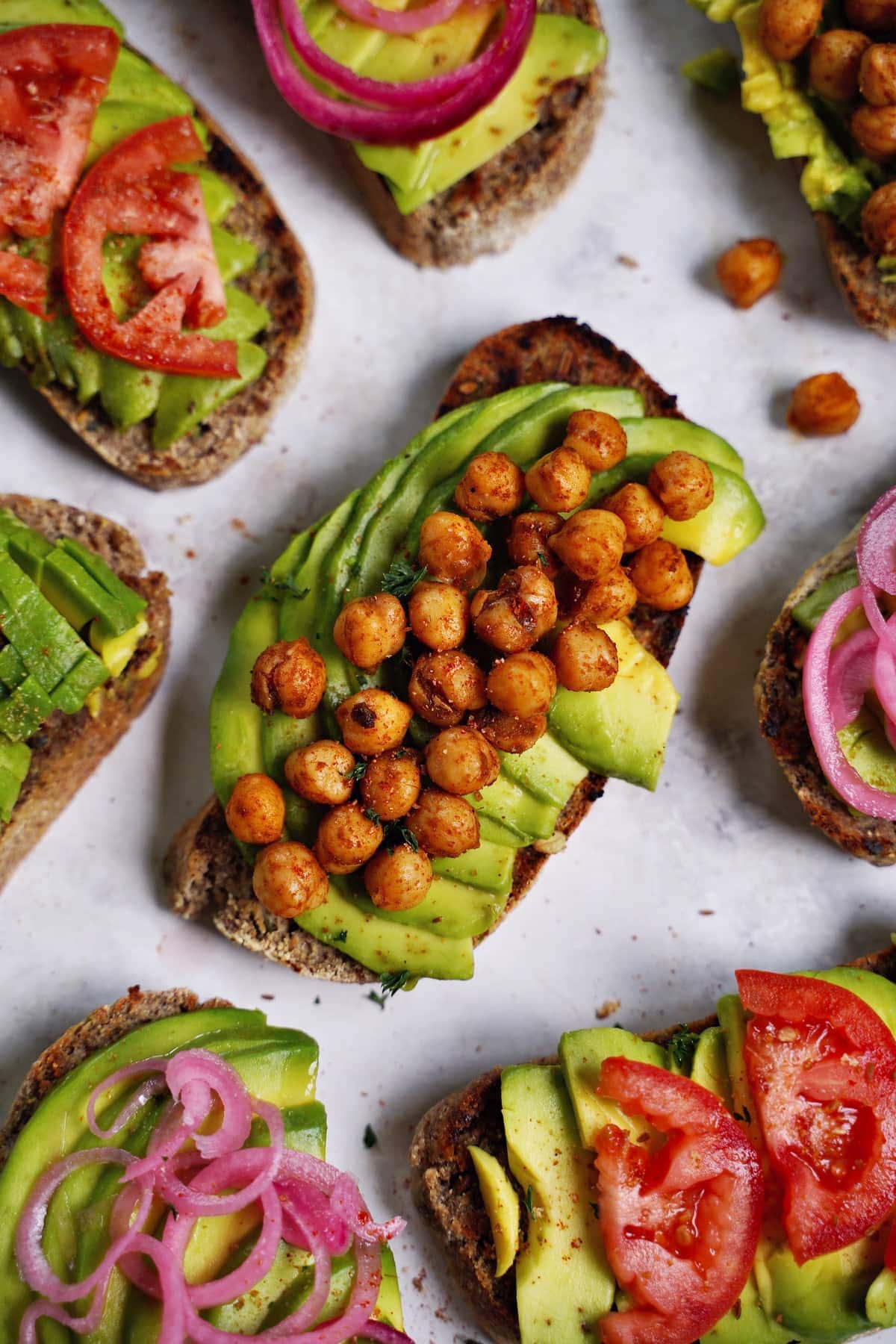 close-up of avocado toast with roasted chickpeas